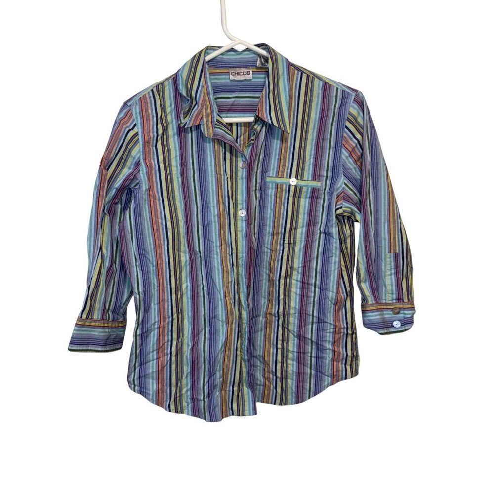 Chicos Multicolor Striped Button-Down Shirt US Size Medium Cotton Blend Womens